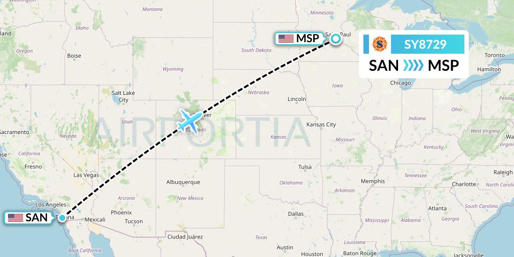SY8729 Sun Country Airlines Flight Map: San Diego to Minneapolis