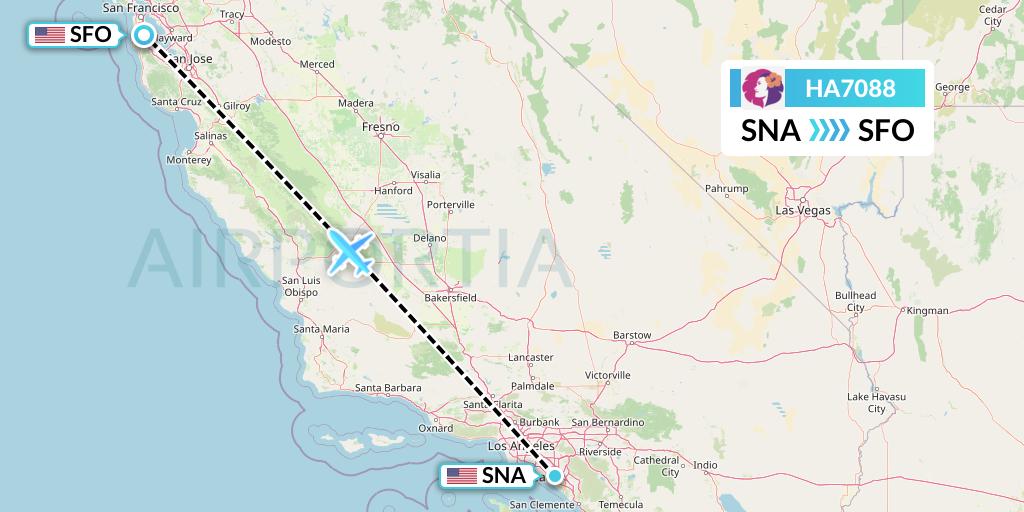 HA7088 Hawaiian Airlines Flight Map: Orange County to San Francisco