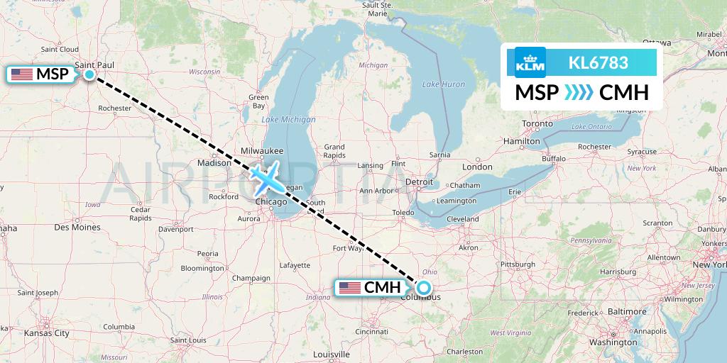 KL6783 KLM Flight Map: Minneapolis to Columbus