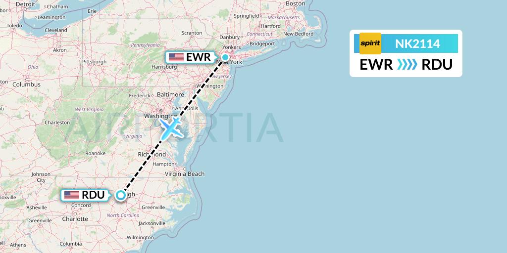 NK2114 Spirit Airlines Flight Map: New York to Raleigh-Durham
