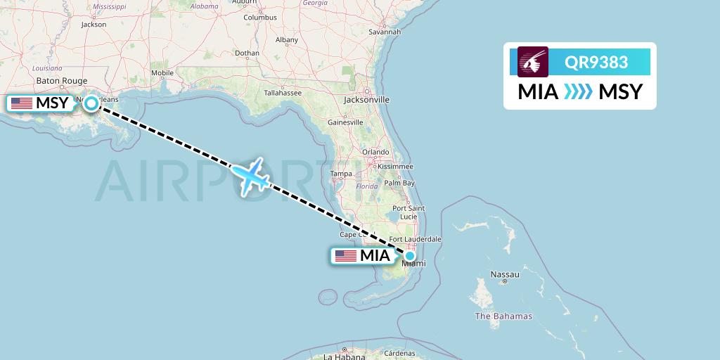QR9383 Qatar Airways Flight Map: Miami to New Orleans