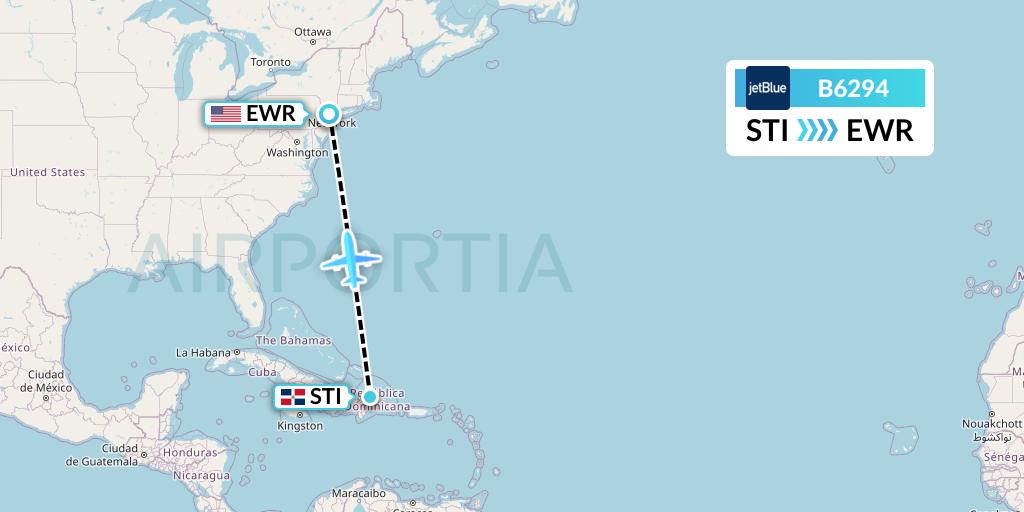 B6294 JetBlue Airways Flight Map: Santiago de los Caballeros to New York