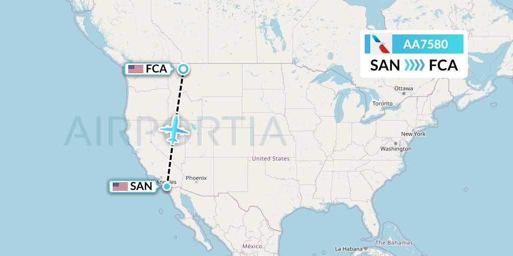 AA7580 American Airlines Flight Map: San Diego to Kalispell