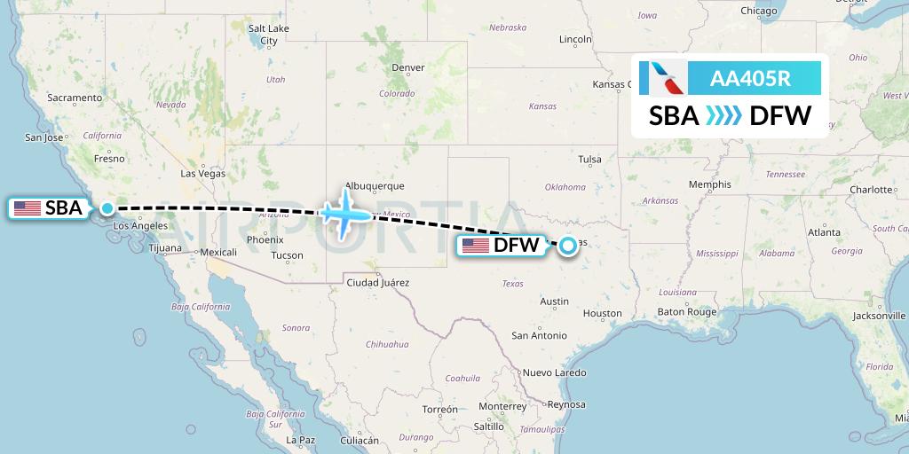 AA405R American Airlines Flight Map: Santa Barbara to Dallas