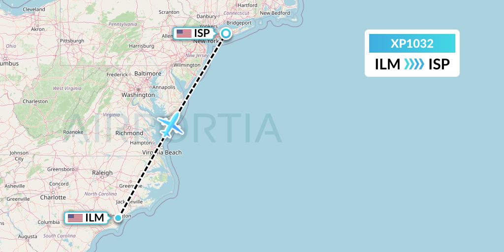 XP1032 Avelo Airlines Flight Map: Wilmington to Islip