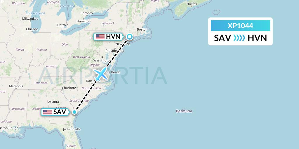 XP1044 Avelo Airlines Flight Map: Savannah to New Haven