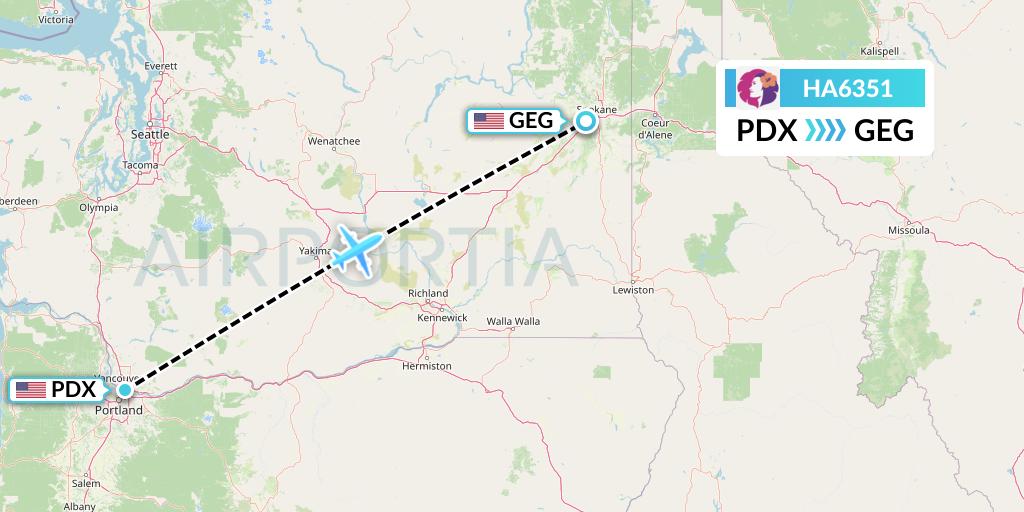 HA6351 Hawaiian Airlines Flight Map: Portland to Spokane