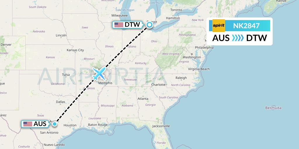 NK2847 Spirit Airlines Flight Map: Austin to Detroit