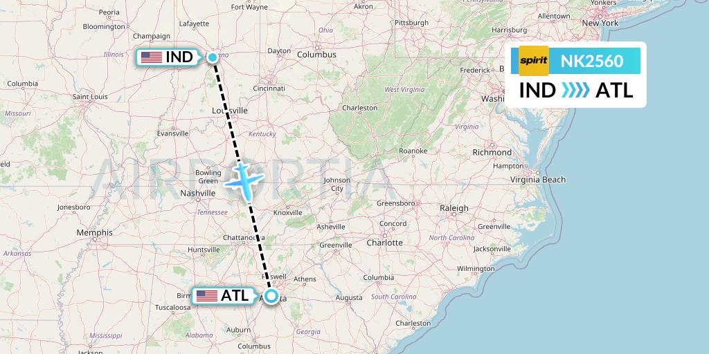 NK2560 Spirit Airlines Flight Map: Indianapolis to Atlanta