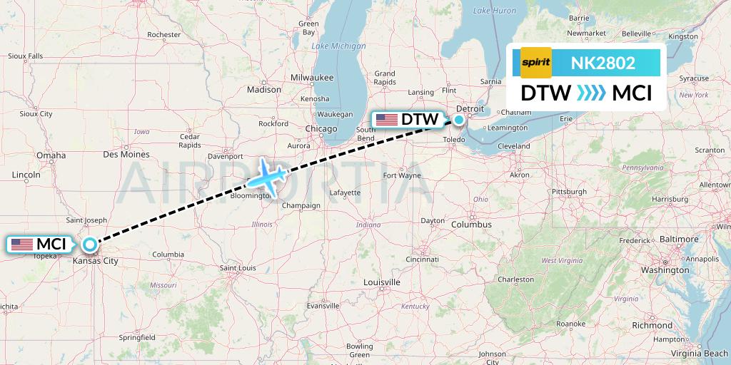 NK2802 Spirit Airlines Flight Map: Detroit to Kansas City