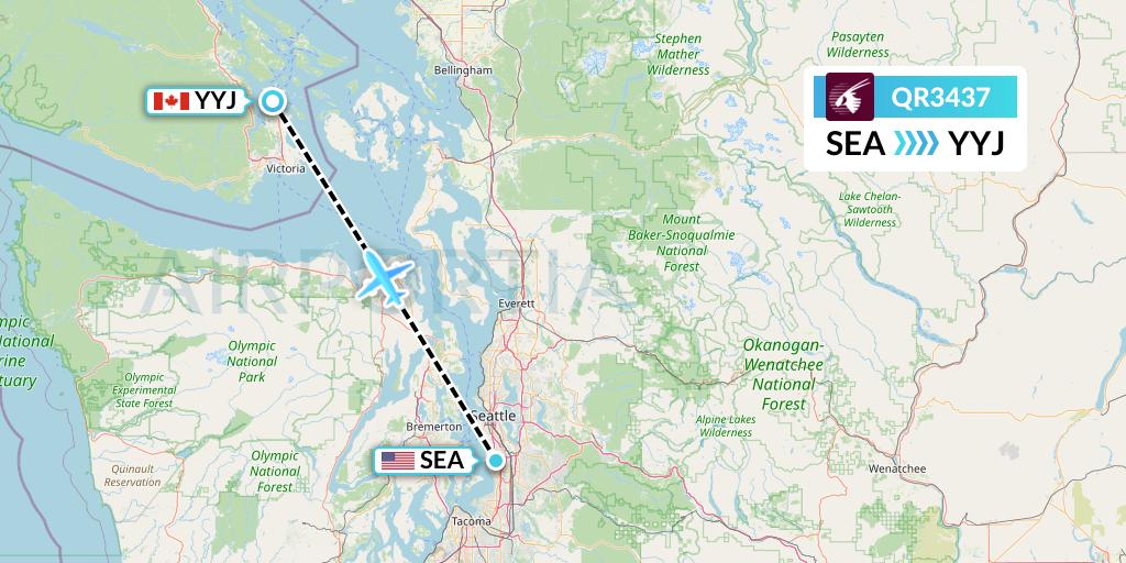 QR3437 Qatar Airways Flight Map: Seattle to Victoria