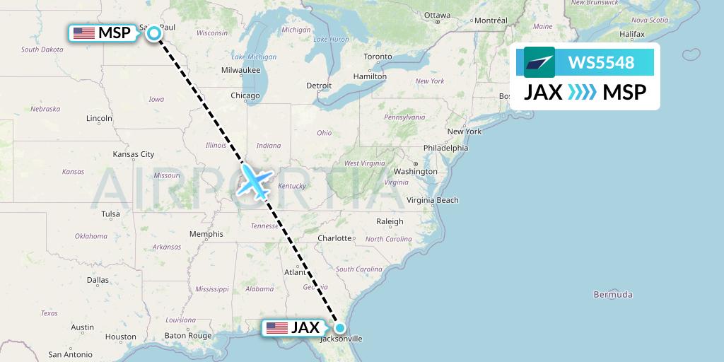 WS5548 WestJet Flight Map: Jacksonville to Minneapolis