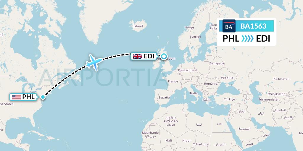 BA1563 British Airways Flight Map: Philadelphia to Edinburgh