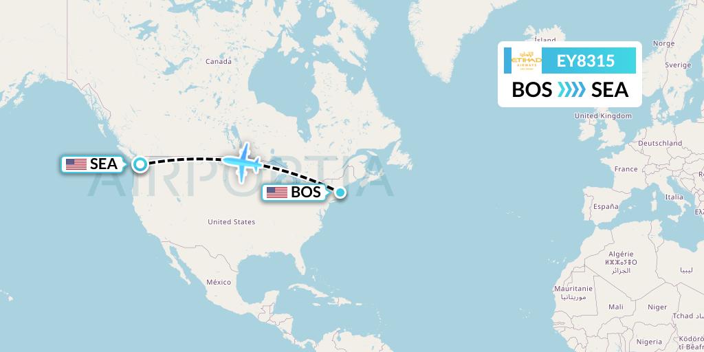 EY8315 Etihad Airways Flight Map: Boston to Seattle