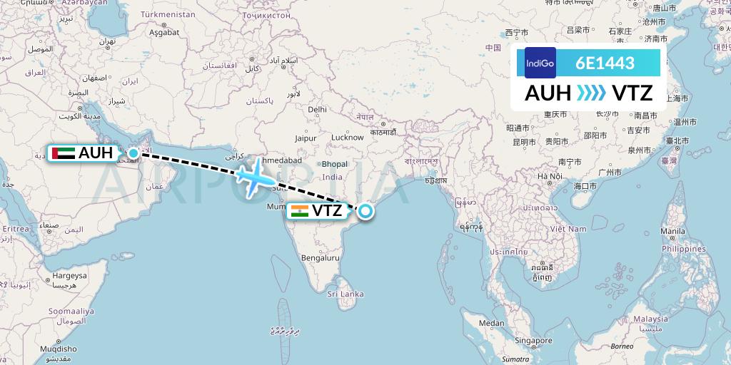 6E1443 IndiGo Airlines Flight Map: Abu Dhabi to Visakhapatnam