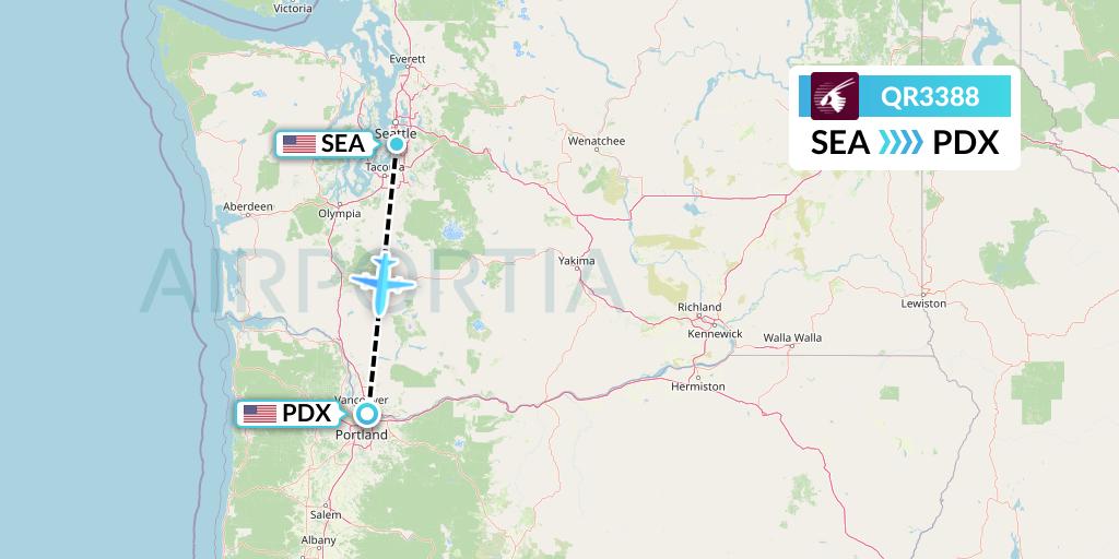QR3388 Qatar Airways Flight Map: Seattle to Portland