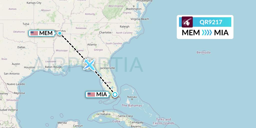 QR9217 Qatar Airways Flight Map: Memphis to Miami