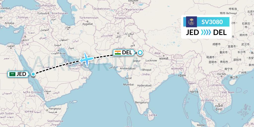 SV3080 Saudi Arabian Airlines Flight Map: Jeddah to Delhi