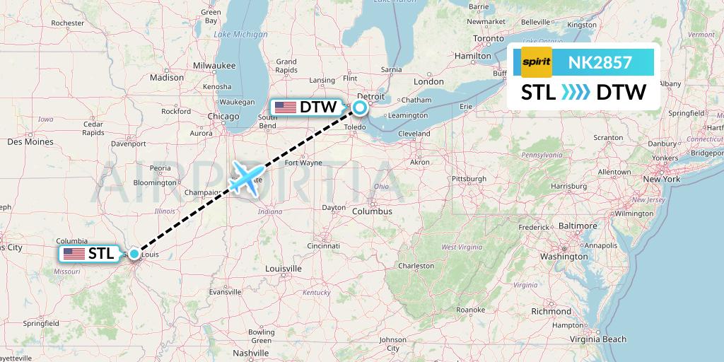 NK2857 Spirit Airlines Flight Map: St. Louis to Detroit