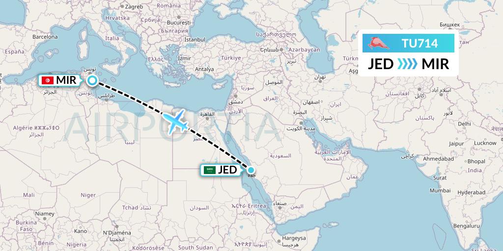 TU714 Tunisair Flight Map: Jeddah to Monastir