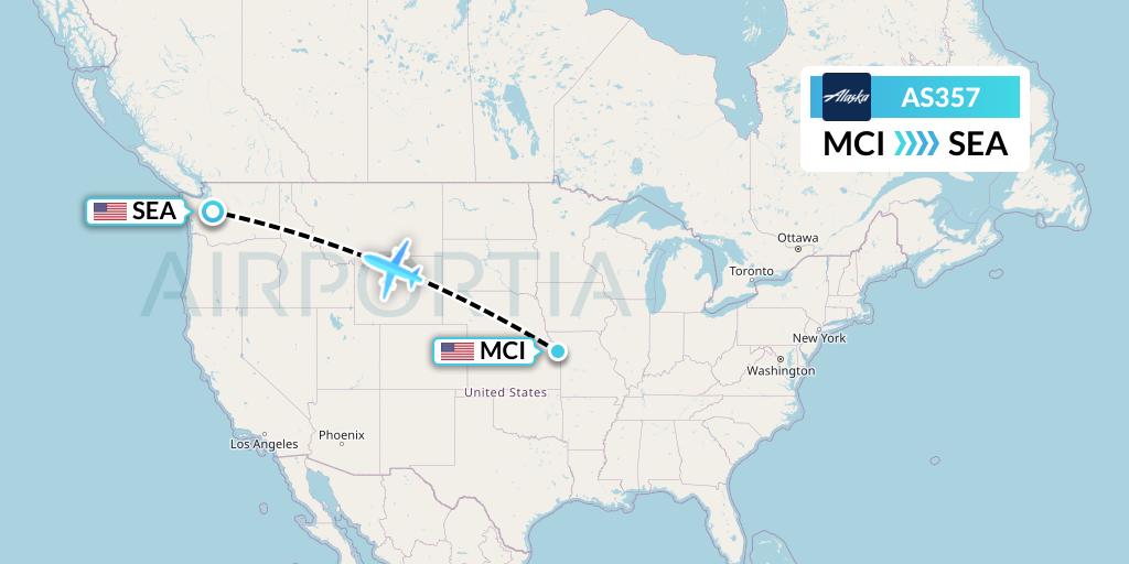 AS357 Alaska Airlines Flight Map: Kansas City to Seattle