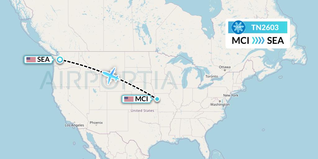 TN2603 Air Tahiti Nui Flight Map: Kansas City to Seattle