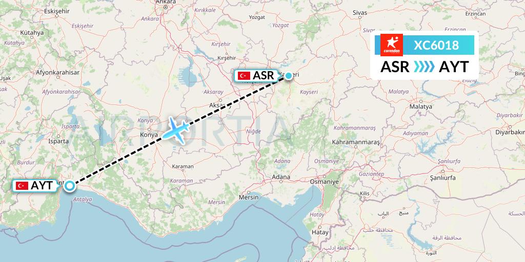 XC6018 Corendon Airlines Flight Map: Kayseri to Antalya