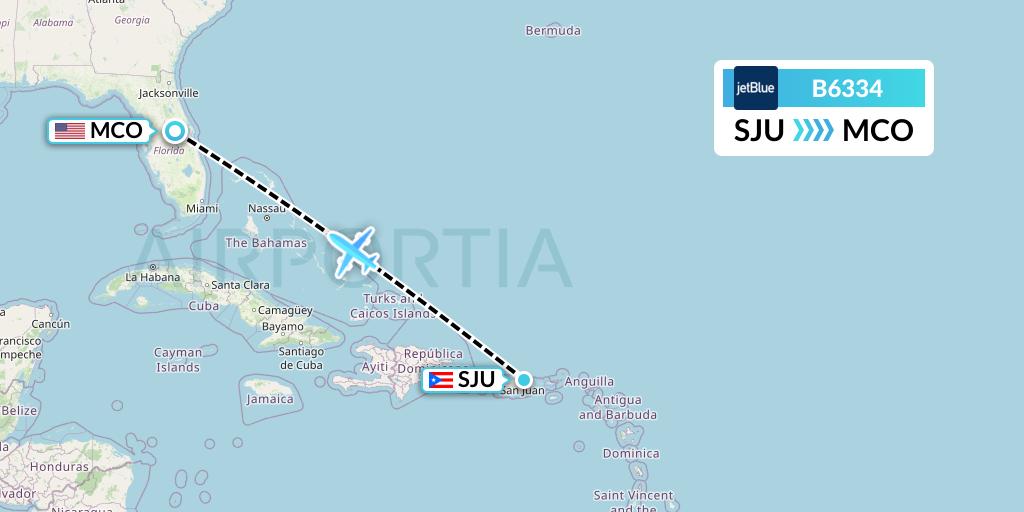 B6334 JetBlue Airways Flight Map: San Juan to Orlando