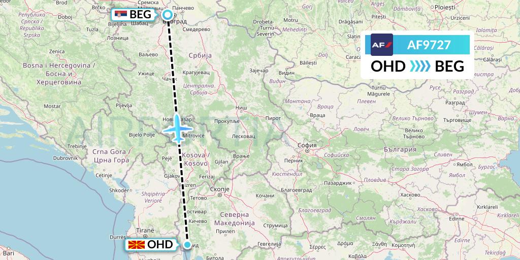 AF9727 Air France Flight Map: Ohrid to Belgrade