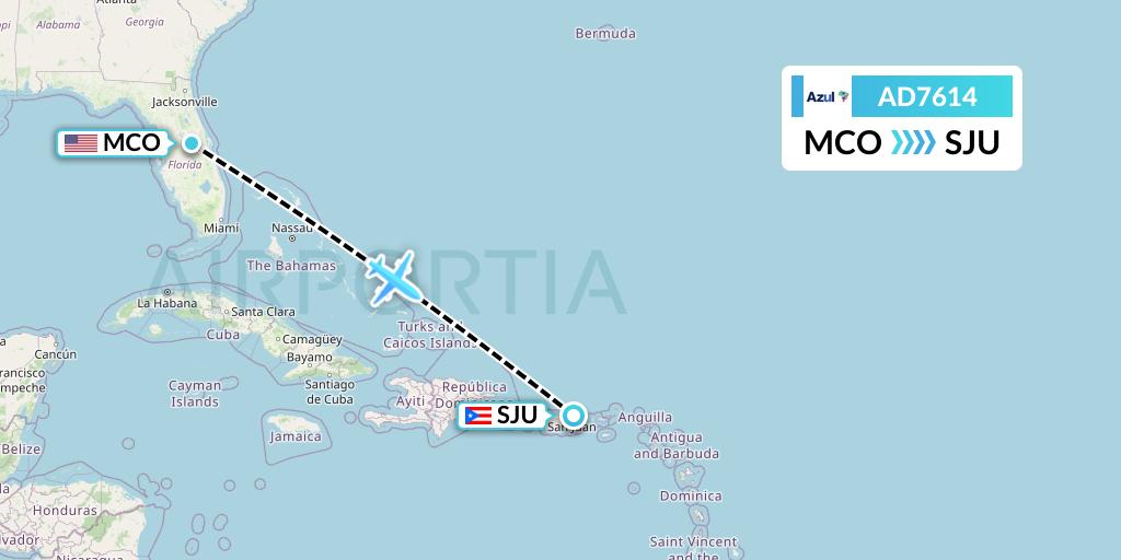 AD7614 Azul Brazilian Airlines Flight Map: Orlando to San Juan