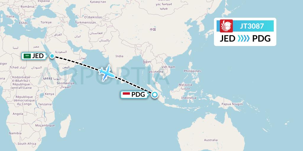 JT3087 Lion Airlines Flight Map: Jeddah to Padang