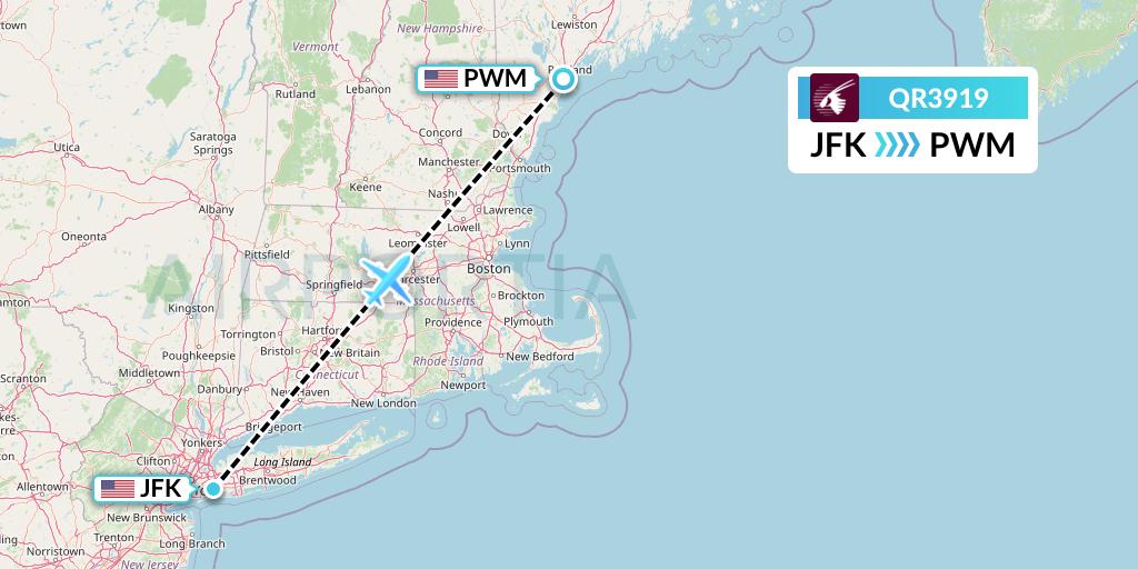 QR3919 Qatar Airways Flight Map: New York to Portland