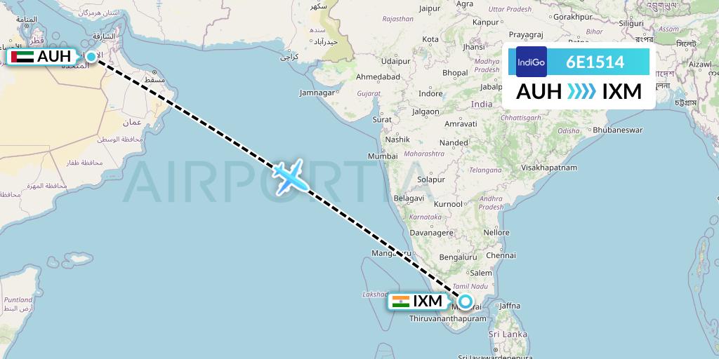 6E1514 IndiGo Airlines Flight Map: Abu Dhabi to Madurai