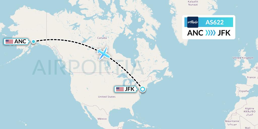 AS622 Alaska Airlines Flight Map: Anchorage to New York