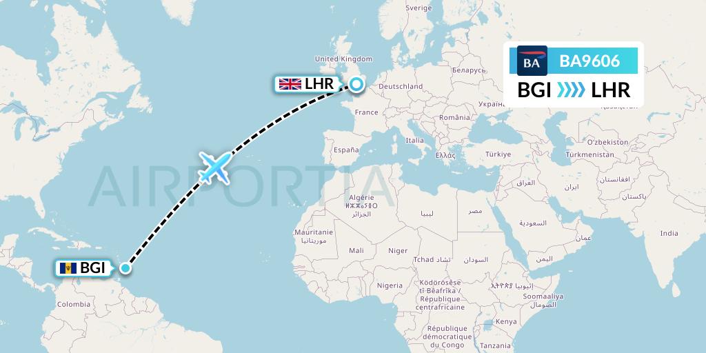 BA9606 British Airways Flight Map: Bridgetown to London
