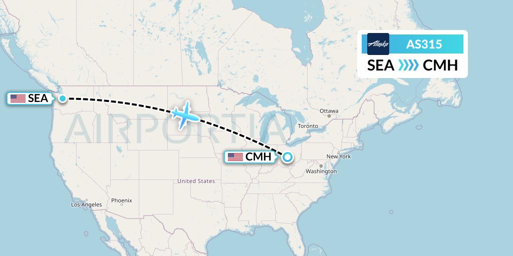 AS315 Alaska Airlines Flight Map: Seattle to Columbus