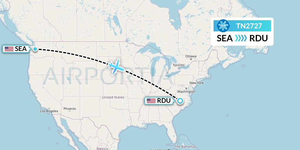 TN2727 Air Tahiti Nui Flight Map: Seattle to Raleigh-Durham