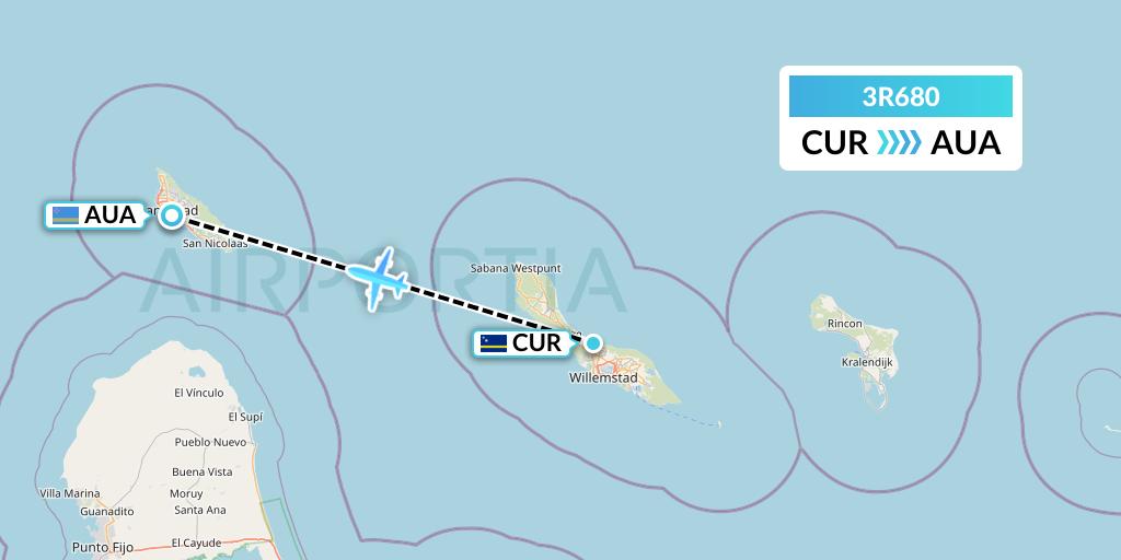 3R680 Divi Divi Air Flight Map: Willemstad to Oranjestad