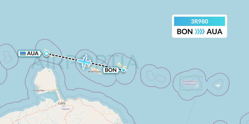 3R980 Divi Divi Air Flight Map: Bonaire to Oranjestad