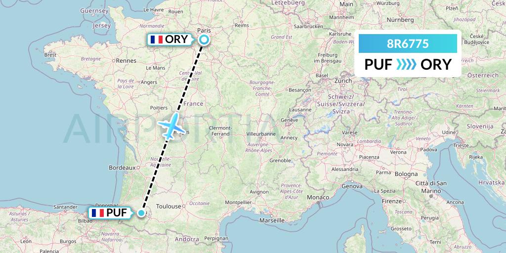 8R6775 Amelia Flight Map: Pau to Paris