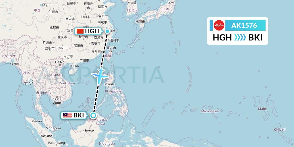 AK1576 AirAsia Flight Map: Hangzhou to Kota Kinabalu