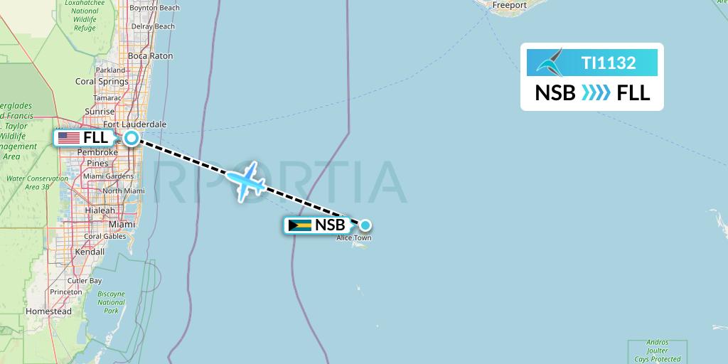 TI1132 Tailwind Airlines Flight Map: Bimini to Fort Lauderdale