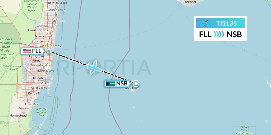 TI1135 Tailwind Airlines Flight Map: Fort Lauderdale to Bimini