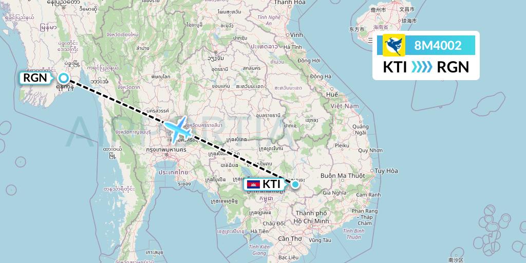 8M4002 Myanmar Airways International Flight Map: Kratie to Yangon