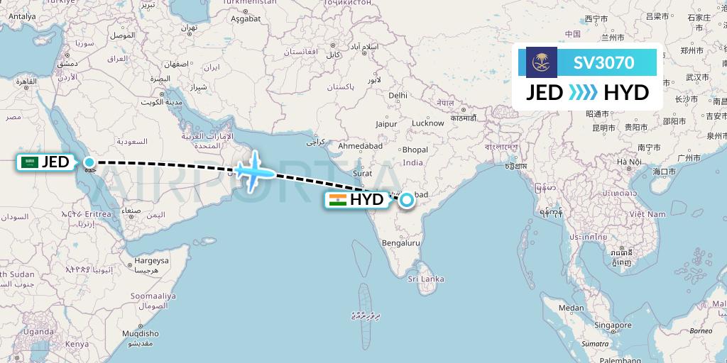 SV3070 Saudi Arabian Airlines Flight Map: Jeddah to Hyderabad