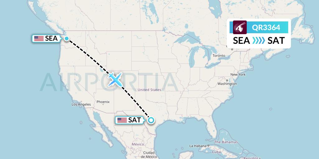 QR3364 Qatar Airways Flight Map: Seattle to San Antonio
