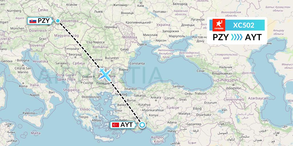XC502 Corendon Airlines Flight Map: Piestany to Antalya