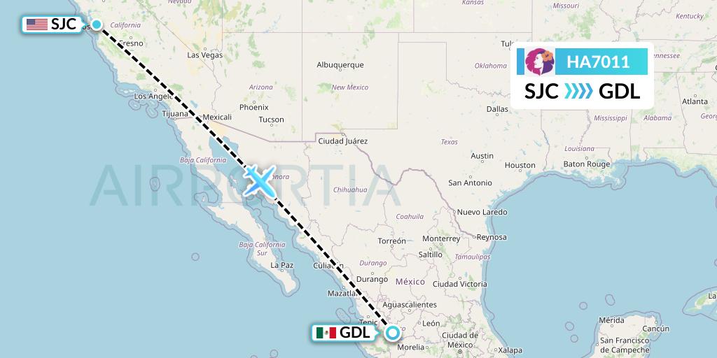 HA7011 Hawaiian Airlines Flight Map: San Jose to Guadalajara