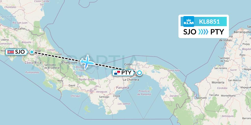 KL8851 KLM Flight Map: San Jose to Panama City