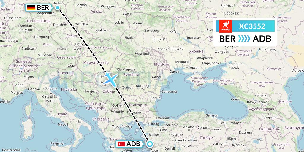 XC3552 Corendon Airlines Flight Map: Berlin to Izmir